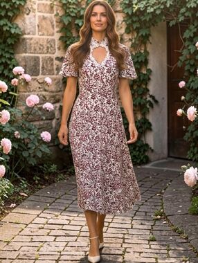 Vtg DBY Ltd Ditsy Floral Midi Dress Button Front Tie Back Flutter Sleeve Cottage